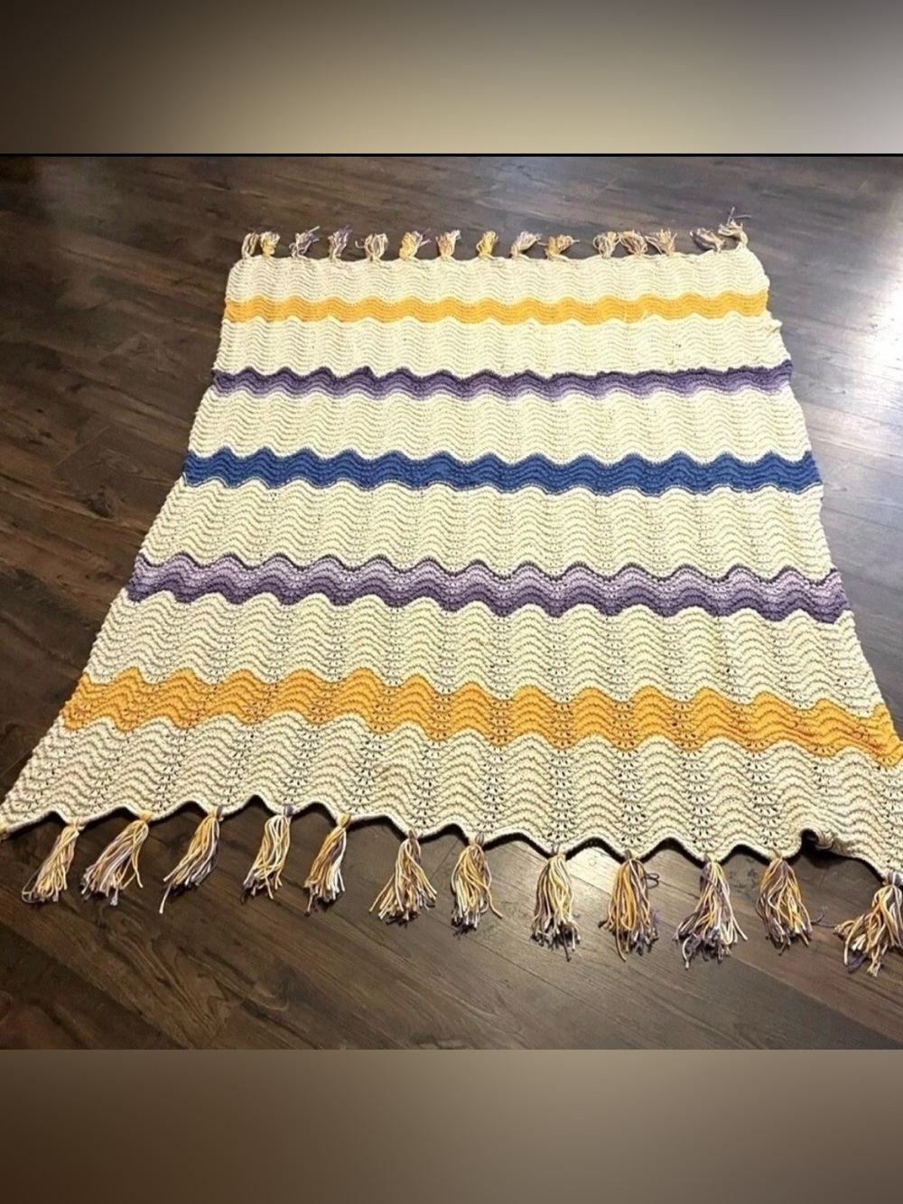 Hand Crocheted Knit Twin Size Afghan Throw Blanket Cream, Yellow, Purple & Blue